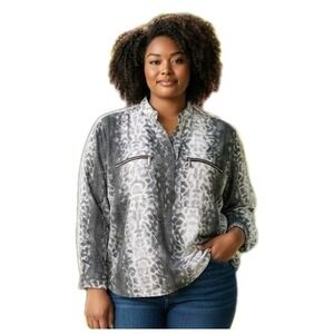 MICHAEL KORS Blouse Womens Plus Size 16W Gray Print Zip Pockets Roll Tab Sleeves